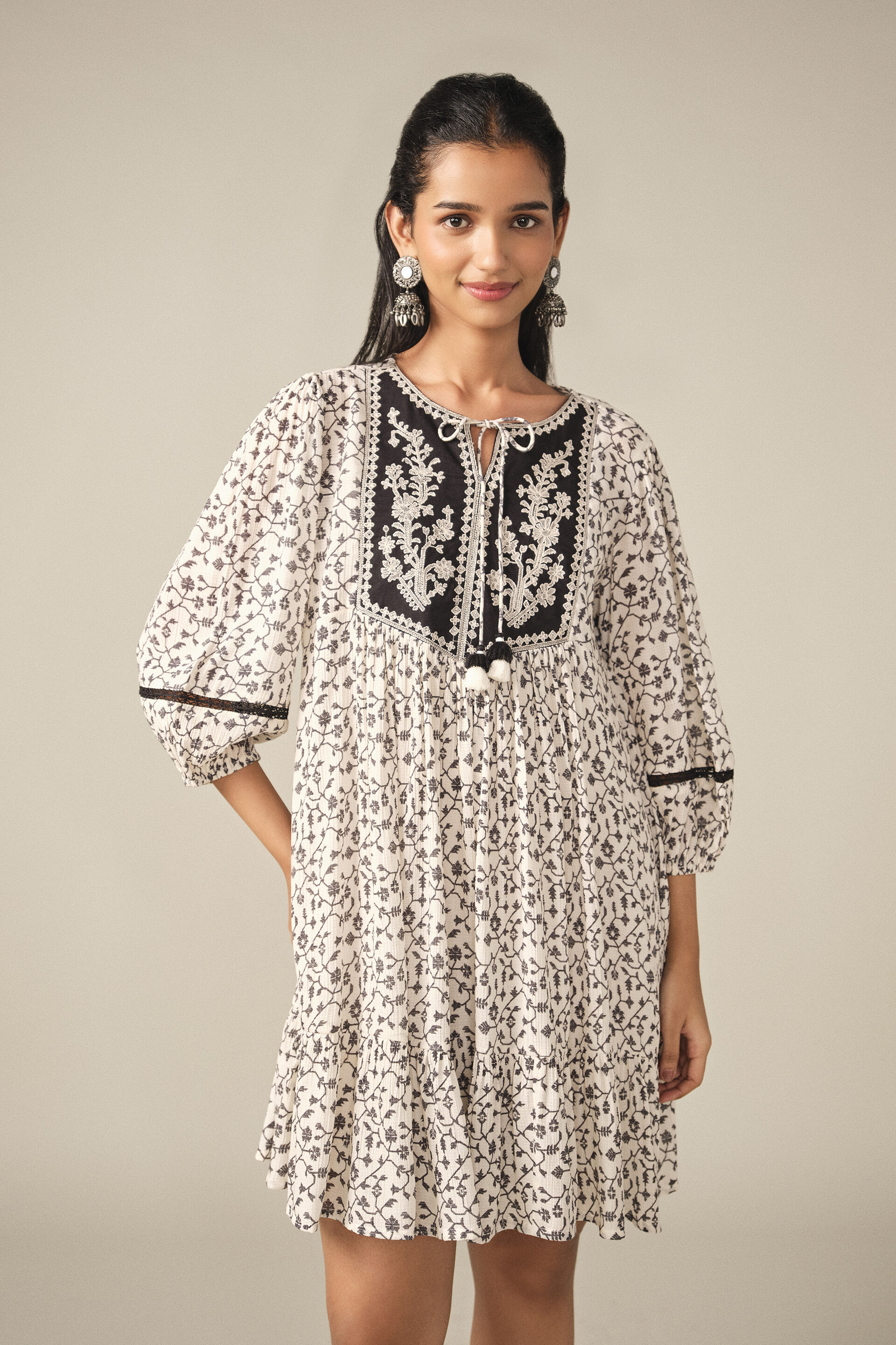 Embroidered Tiered Dress in Off White
